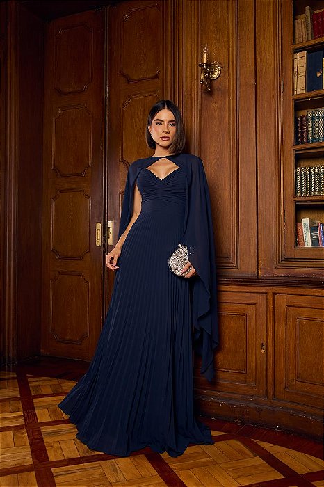 VESTIDO LONGO CHIFFON PLISSADO ALCINHA CAPA AZUL MARINHO