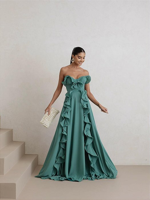 VESTIDO LONGO COM DECOTE EM FORMATO DE PÉTALAS COM BABADÕES VOLUMOSOS VERDE ESMERALDA
