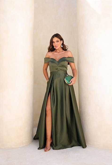 VESTIDO LONGO ZIBELINE ACETINADO OMBRO A OMBRO ACINTURADO DECOTE CORAÇÃO VERDE OLIVA