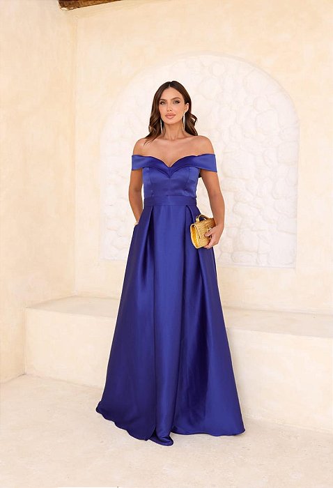VESTIDO LONGO ZIBELINE ACETINADO OMBRO A OMBRO ACINTURADO DECOTE CORAÇÃO AZUL ROYAL