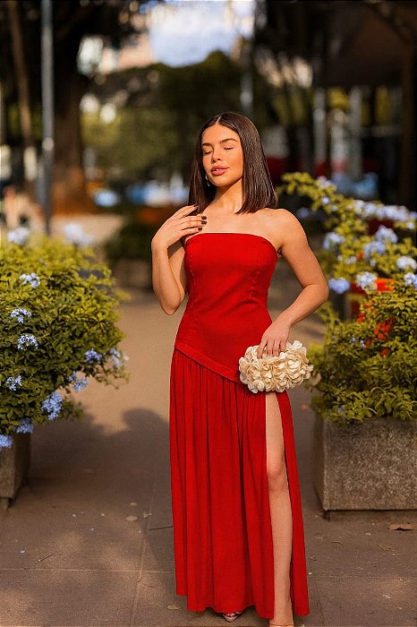 VESTIDO TOMARA QUE CAIA CREPE COM SAIA DE TULE VERMELHO