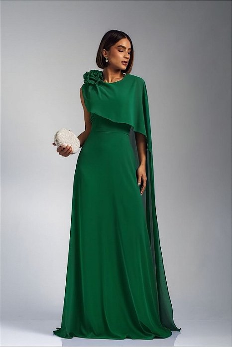 VESTIDO LONGO CHIFFON COM CAPA DETALHE FLOR NO OMBRO SAIA LISA VERDE ESMERALDA
