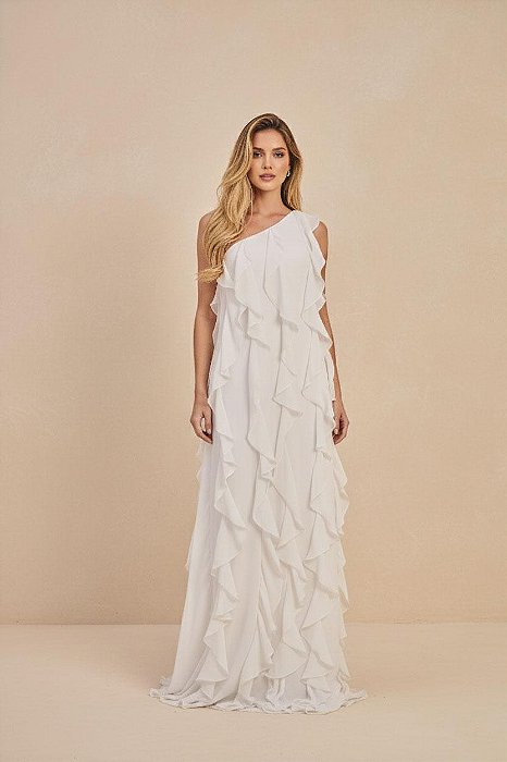 VESTIDO CHIFFON OMBRO SÓ COM BABADOS LATERAIS BRANCO