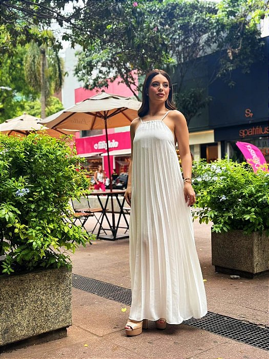 VESTIDO LONGO CREPE SEDA FRENTE ÚNICA PLISSADO BRANCO