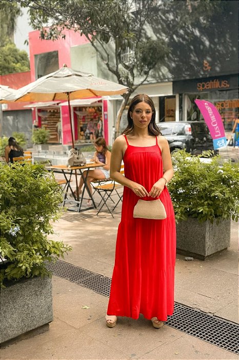 VESTIDO ALCINHA DECOTE RETO COM CORTES NA SAIA VERMELHO