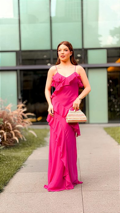 VESTIDO LONGO CHIFFON DE ALCINHA COM BABADOS FUCSIA