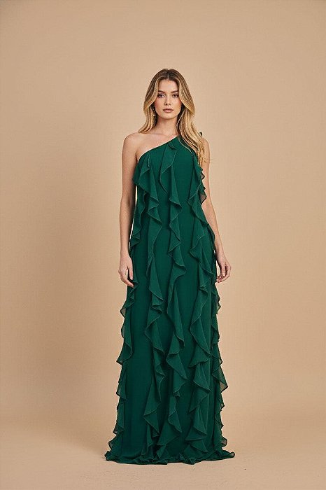 VESTIDO CHIFFON OMBRO SÓ COM BABADOS LATERAIS VERDE PETROLÉO
