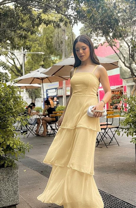 VESTIDO LONGO ALCINHA BABADO TRÊS MARIAS COM LASTEX NAS COSTAS AMARELO