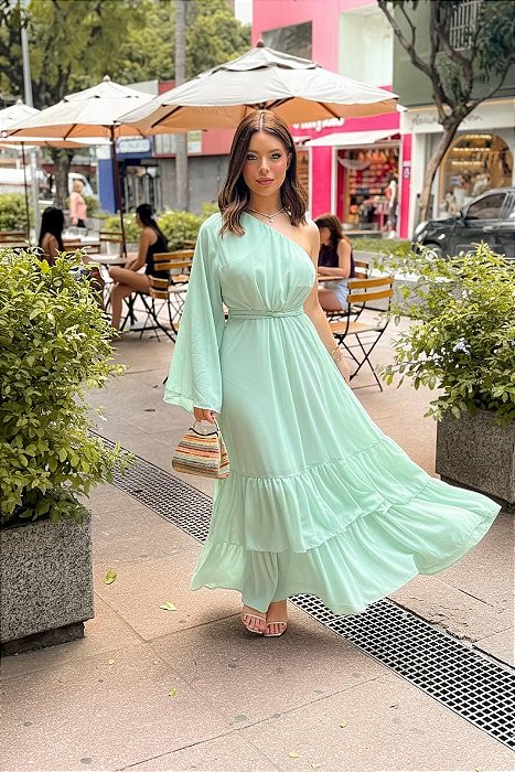 VESTIDO LONGO CHIFFON OMBRO SÓ MANGA LARGA COM BABADOS NA PONTA VERDE MENTA