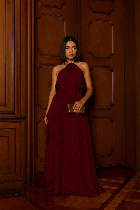 VESTIDO LONGO CHIFFON FRENTE ÚNICA COM BABADOS VERTICAIS E DETALHE FLOR  MARSALA