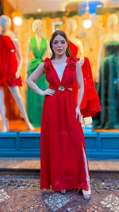 VESTIDO LONGO DECOTE V MANGAS COM BABADO DETALHE FLOR ABAIXO DO BUSTO VERMELHO