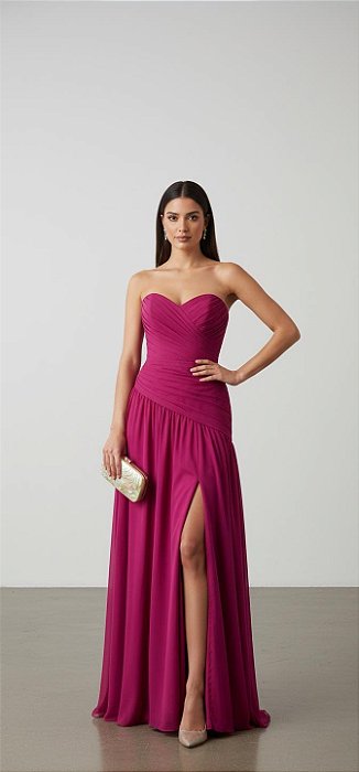 VESTIDO TOMARA QUE CAIA MICROTULE DRAPEADO NA LATERAL TRANSPASSADO NAS COSTAS FUCSIA