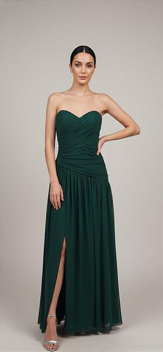 VESTIDO TOMARA QUE CAIA MICROTULE DRAPEADO NA LATERAL TRANSPASSADO NAS COSTAS VERDE ESMERALDA