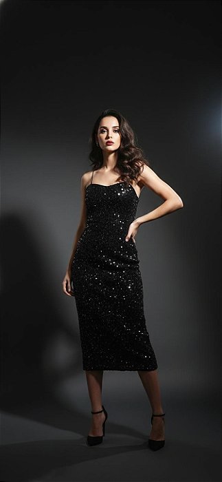 VESTIDO PAETÊ MIDI DE ALCINHA PRETO