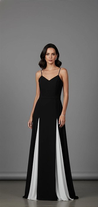 VESTIDO LONGO CHIFFON ALCINHA DECOTE V COM SAIA DESTALHES BRANCOS PRETO