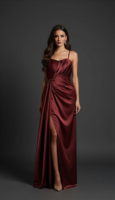 VESTIDO LONGO PRADA ALCINHA BUSTO DRAPEADO COM FENDA E CAUDA LATERAL MARSALA