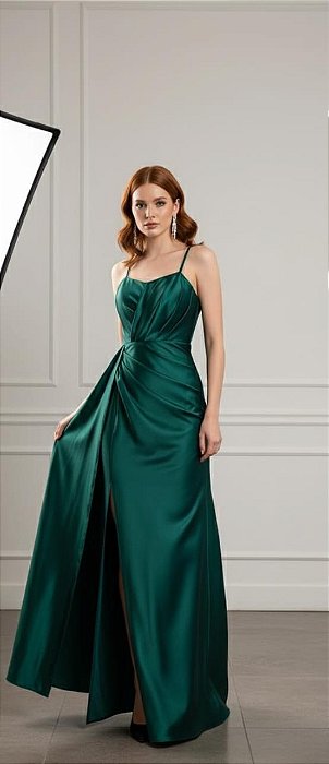 VESTIDO LONGO PRADA ALCINHA BUSTO DRAPEADO COM FENDA E CAUDA LATERAL VERDE ESMERALDA