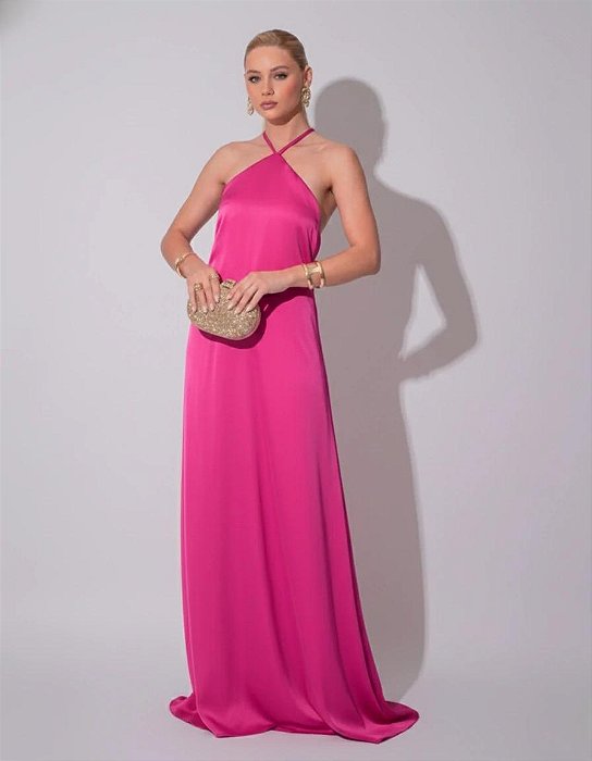 VESTIDO LONGO SEDA DECOTE BAIXO COSTAS FUCSIA VILMA