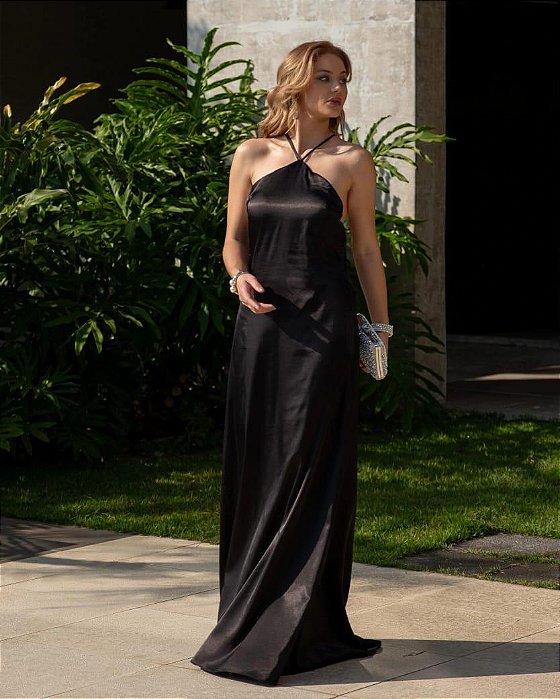 VESTIDO LONGO SEDA DECOTE BAIXO COSTAS PRETO VILMA
