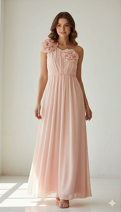 VESTIDO CHIFFON OMBRO SÓ COM DETALHE FLOR ACINTURADO ROSÊ