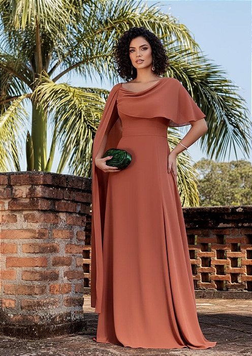 VESTIDO CREPE MANGA CAPA ACINTURADO SAIA LISA TERRACOTA