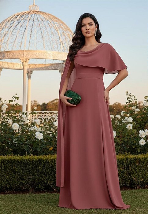 VESTIDO CREPE MANGA CAPA ACINTURADO SAIA LISA ROSA QUEIMADO