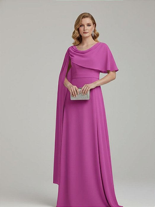 VESTIDO CREPE MANGA CAPA ACINTURADO SAIA LISA FUCSIA