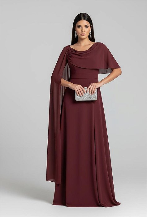 VESTIDO CREPE MANGA CAPA ACINTURADO SAIA LISA MARSALA