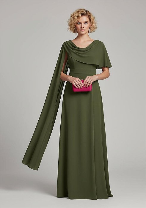 VESTIDO CREPE MANGA CAPA ACINTURADO SAIA LISA VERDE OLIVA
