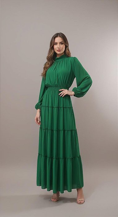 VESTIDO LONGO CHIFFON GOLA ALTA COM MANGA SAIA EM CAMADAS VERDE ESMERALDA