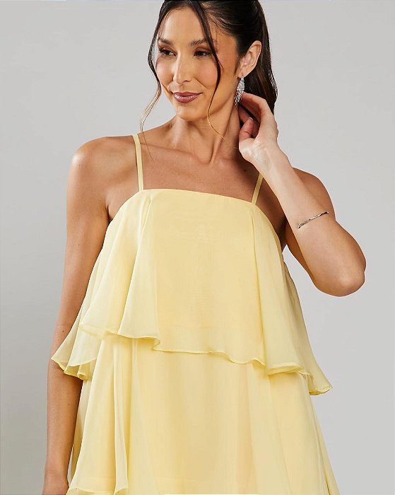 VESTIDO LONGO CHIFFON CAMADAS SOBREPOSTAS 2 EM 1 LONGO E CURTO AMARELO MANTEIGA