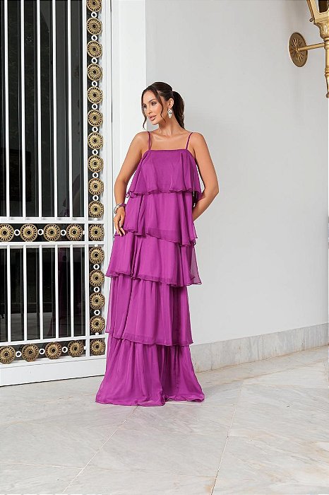 VESTIDO LONGO CHIFFON CAMADAS SOBREPOSTAS 2 EM 1 LONGO E CURTO FUCSIA