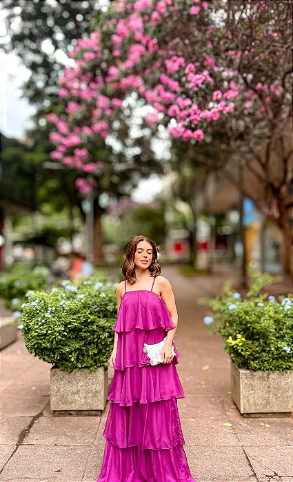 VESTIDO LONGO CHIFFON CAMADAS SOBREPOSTAS 2 EM 1 LONGO E CURTO FUCSIA