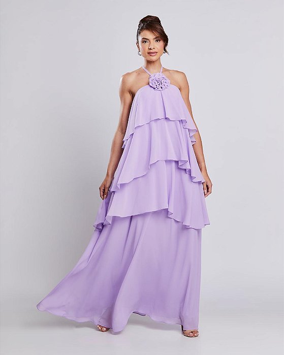 VESTIDO LONGO FRENTE ÚNICA COM BABADOS TRÊS MARIAS DETALHE FLOR LILAS