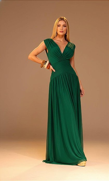VESTIDO LONGO MICROTULE COM DECOTE V ACINTURADO VERDE ESMERALDA