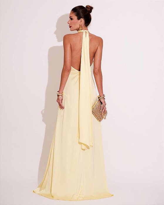 VESTIDO LONGO GOLA ALTA SEDA COM AMARRAÇÃO COSTA NUA AMARELO MANTEIGA
