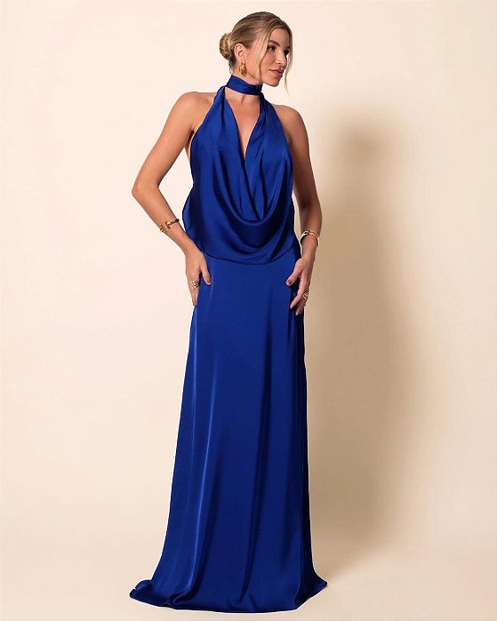 VESTIDO LONGO GOLA BOBA SEDA AZUL MARINHO