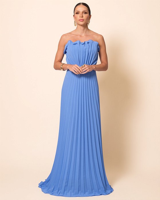 VESTIDO LONGO PLISSADO TOMARA QUE CAIA COSTAS NUA AZUL SERENITY