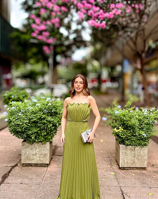 VESTIDO LONGO PLISSADO TOMARA QUE CAIA COSTAS NUA VERDE OLIVA