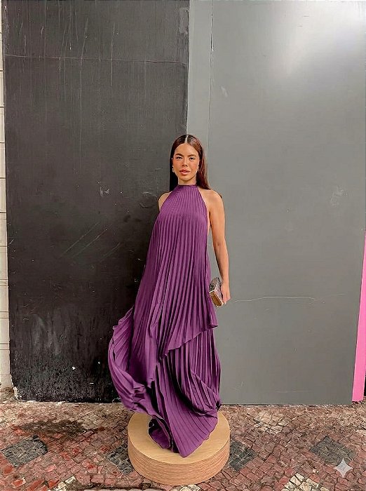 VESTIDO LONGO CHIFFON FRENTE ÚNICA PLISSADO SOBREPOSTO ROXO