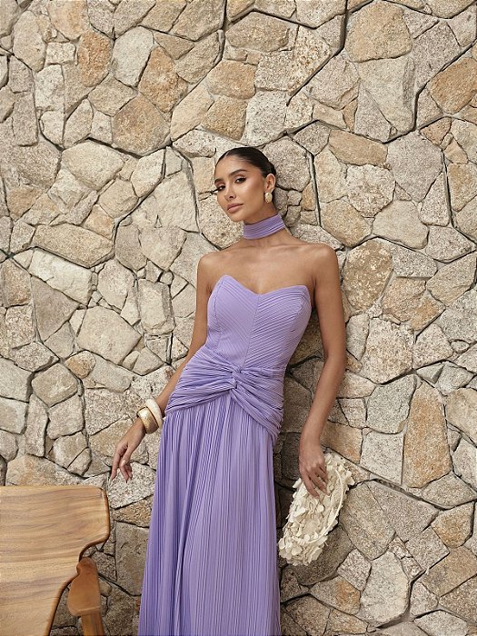 VESTIDO LONGO CHIFFON COM DECOTE V PLISSADO COM DETALHE NA CINTURA LILÁS