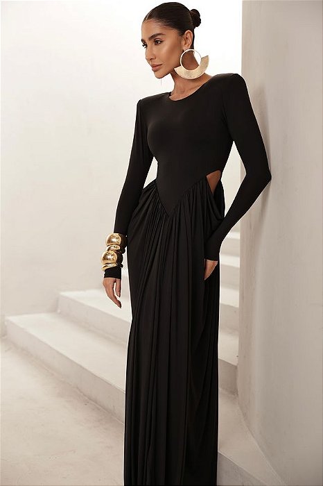 VESTIDO LONGO COM CINTURA MARCADA DETALHE NA LATERAL PRETO