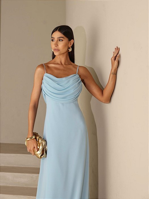 VESTIDO LONGO CHIFFON ALCINHA COM DECOTE DRAPEADO AZUL SERENITY