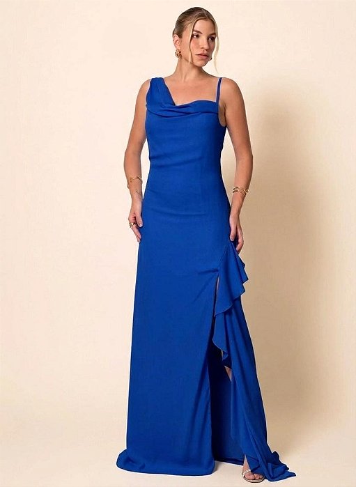 VESTIDO LONGO CHIFFON  ALCINHA COM FENDA E BABADO DETALHE BABADO NAS COSTAS AZUL ROYAL
