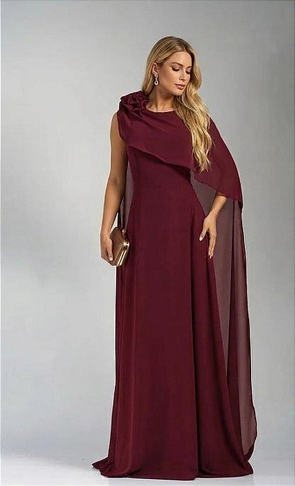 VESTIDO LONGO CHIFFON COM CAPA DETALHE FLOR NO OMBRO SAIA LISA  MARSALA