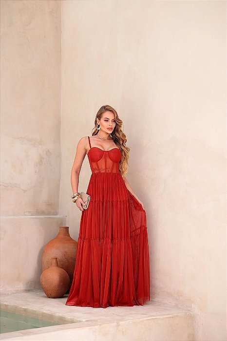 VESTIDO LONGO MICROTULE MODELO CORPETE SAIA COM PEQUENAS CAMADAS TERRACOTA
