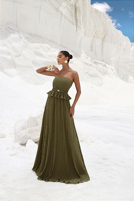 VESTIDO LONGO PLISSADO COM DETALHE PEPLUM COM CINTO VERDE OLIVA