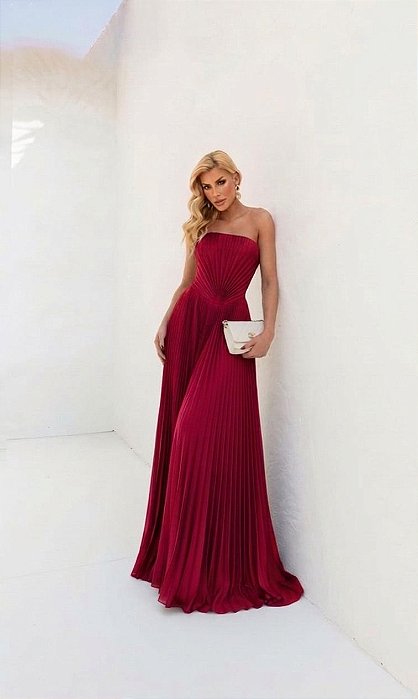 VESTIDO PLISSADO TOMARA QUE CAIA DETALHE V NA CINTURA VERMELHO