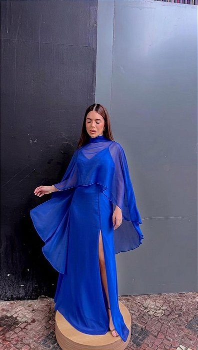 VESTIDO CREPE ALCINHA COM DECOTE V CAPA GOLA ALTA AZUL ROYAL
