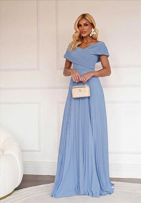 VESTIDO LONGO PLISSADO DECOTE ASSIMÉTRICO COM CINTURA MARCADA AZUL SERENITY